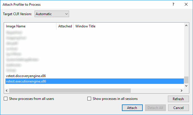 Attach process dialog